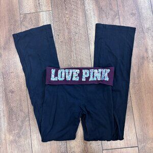 Y2K Victorias Secret LOVE PINK Foldover Yoga Pants Flare Sequin Black Silver S